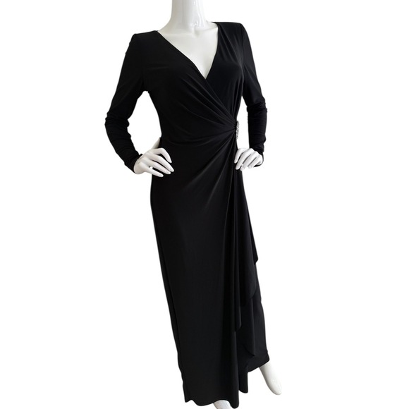 Lauren Ralph Lauren Evening Black Long Sleeve Rhinestone Embellished Wrap Gown 8 - Picture 9 of 11